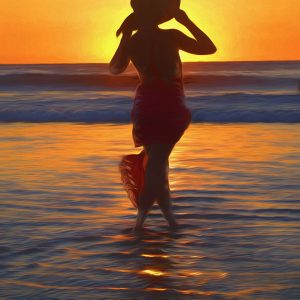 costa-rica-sunset-lady-ocean-hat-wading-photo-art